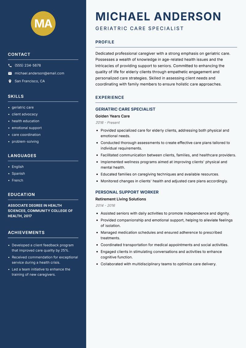 Professional Caregiver Resume Preview Example