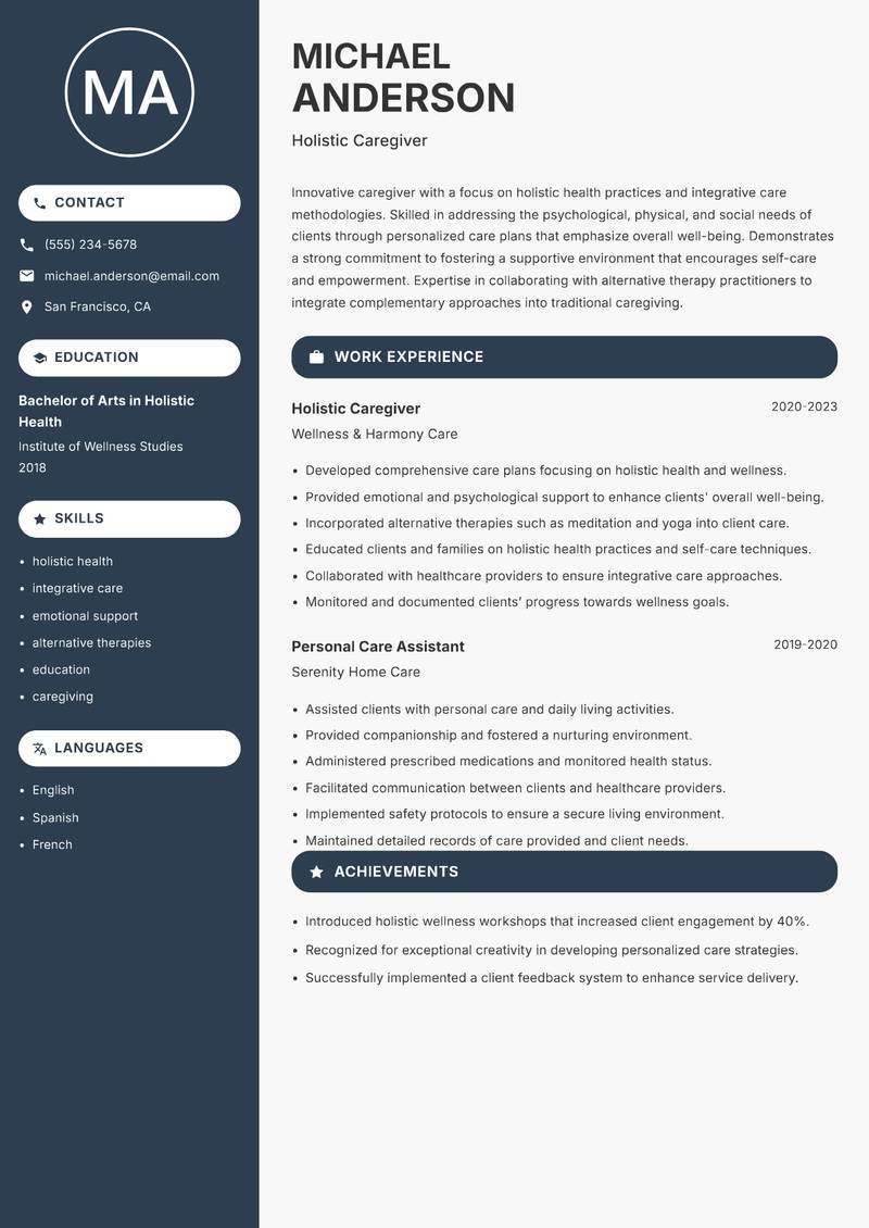 Professional Caregiver Resume Preview Example
