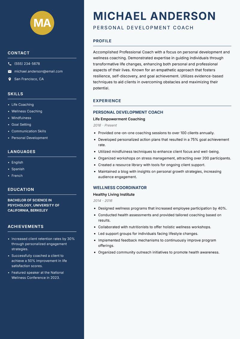 Professional Coach Resume Preview Example