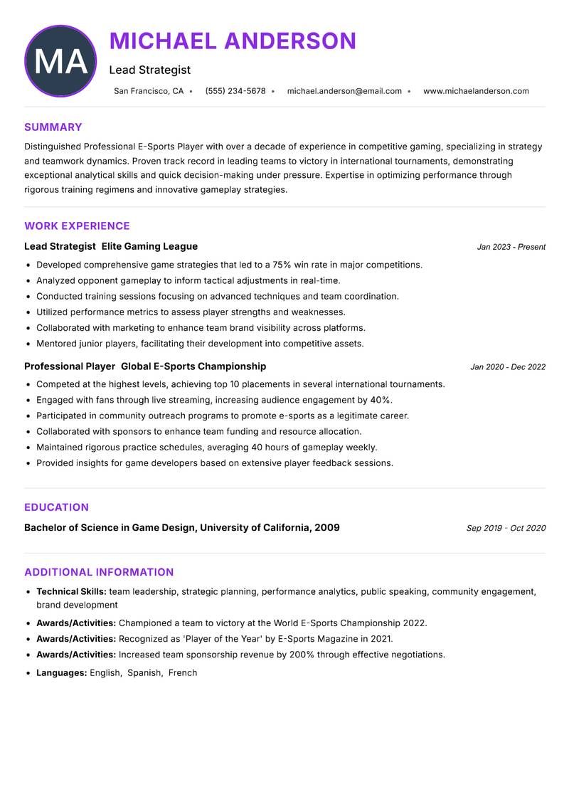 Professional E-Sports Player Resume Preview Example