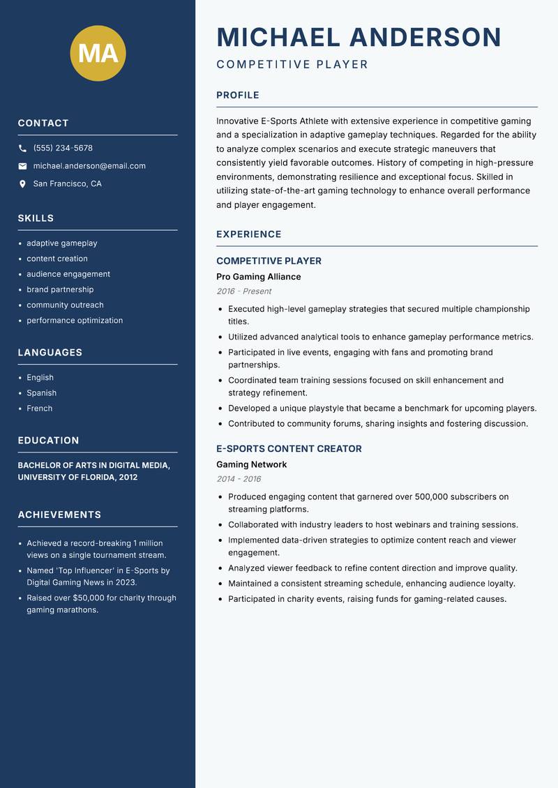Professional E-Sports Player Resume Preview Example