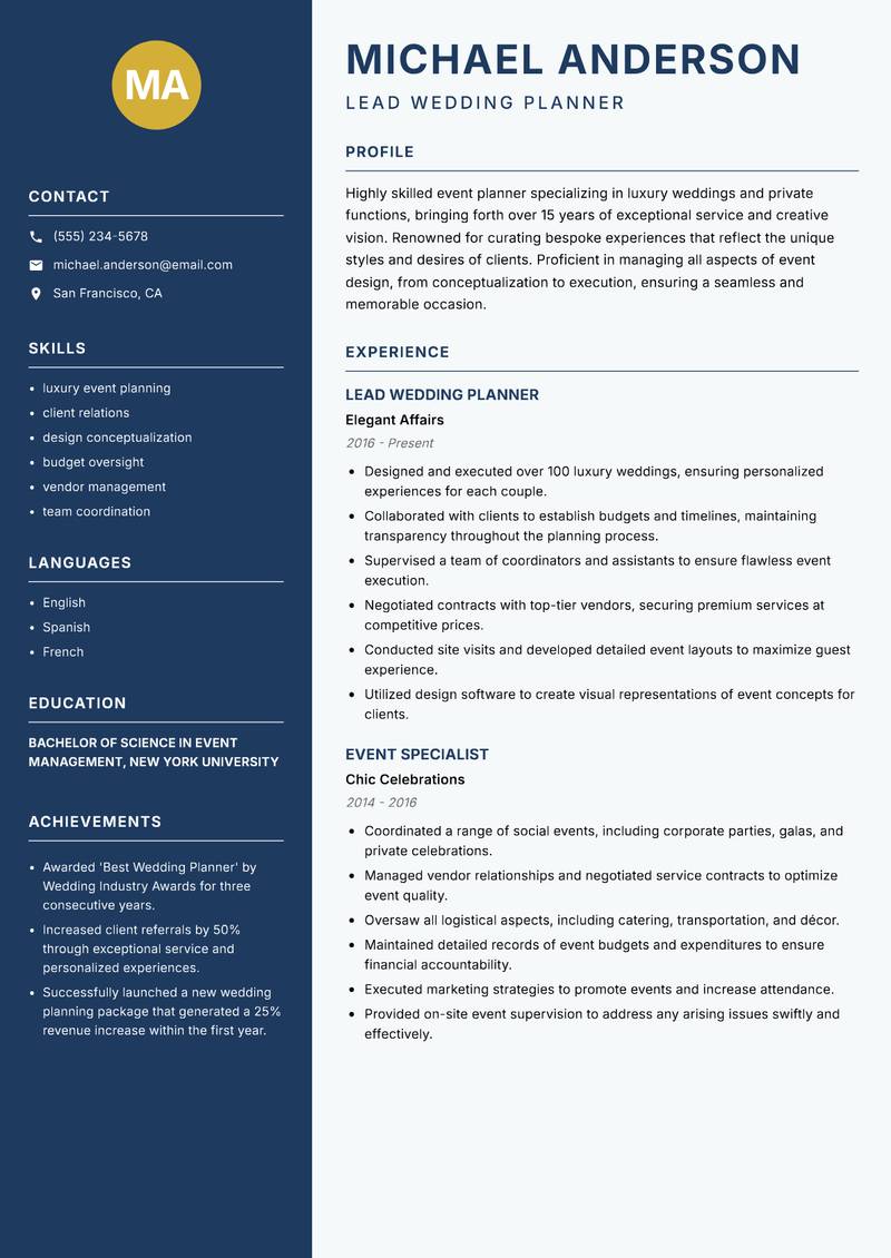 Professional Event Planner Resume Preview Example