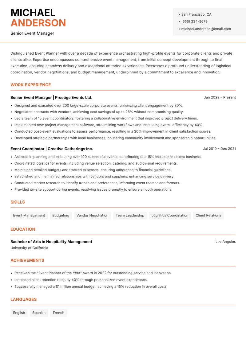 Professional Event Planner Resume Template