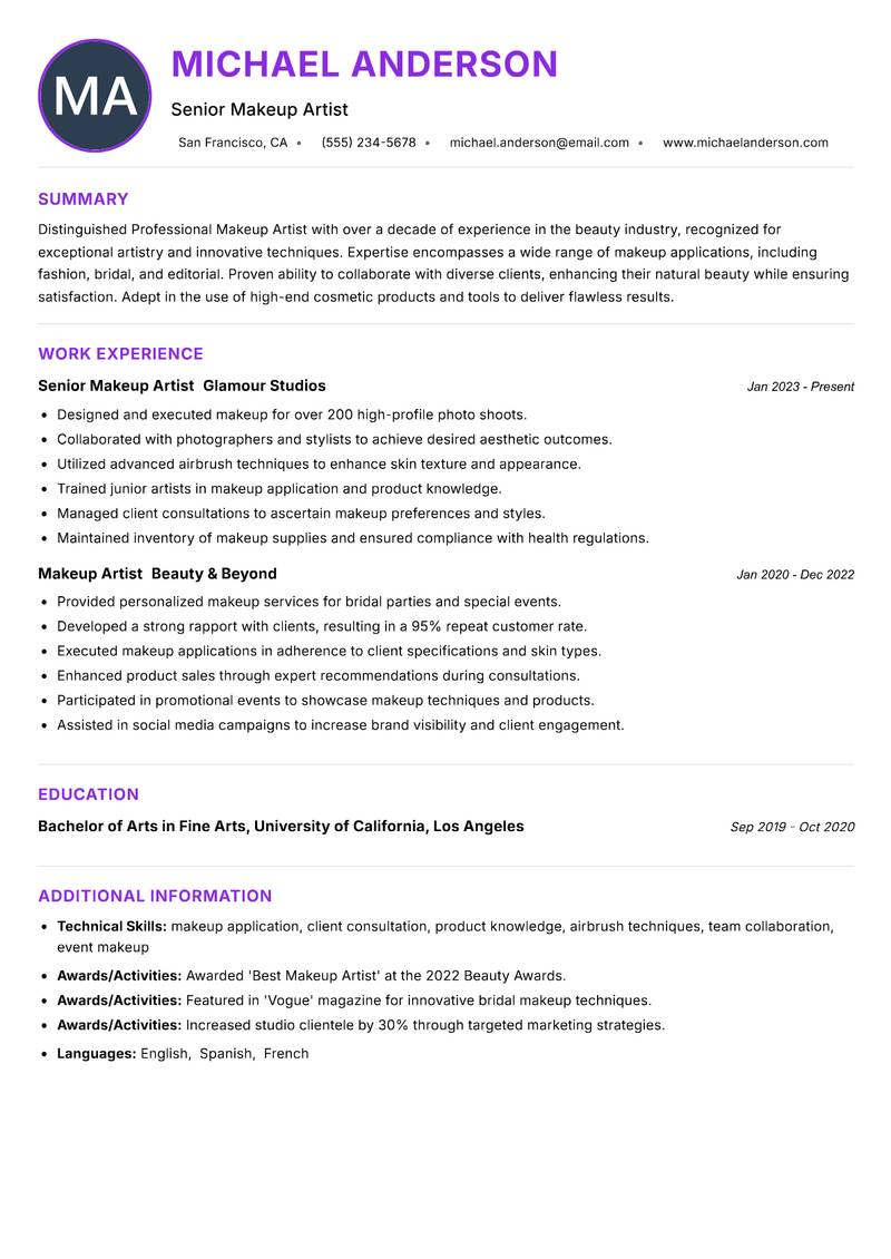 Professional Makeup Artist Resume Preview Example