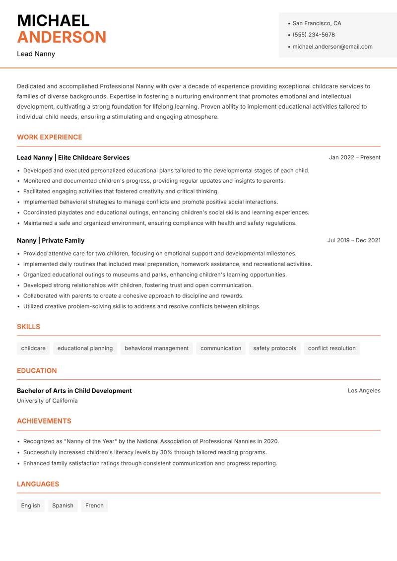 Professional Nanny Resume Template
