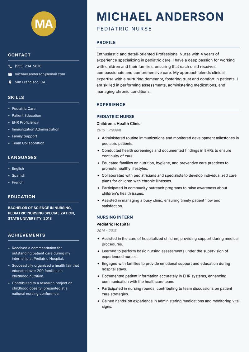 Professional Nurse Resume Preview Example