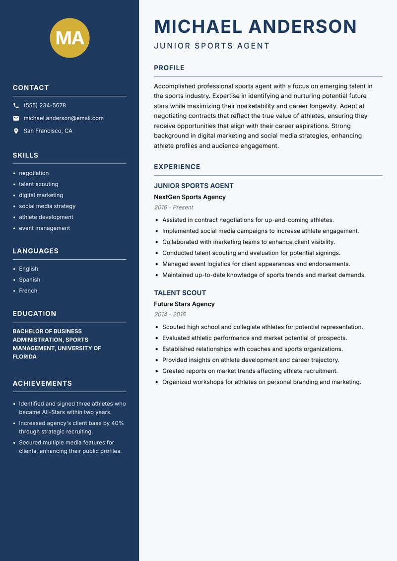 Professional Sports Agent Resume Preview Example