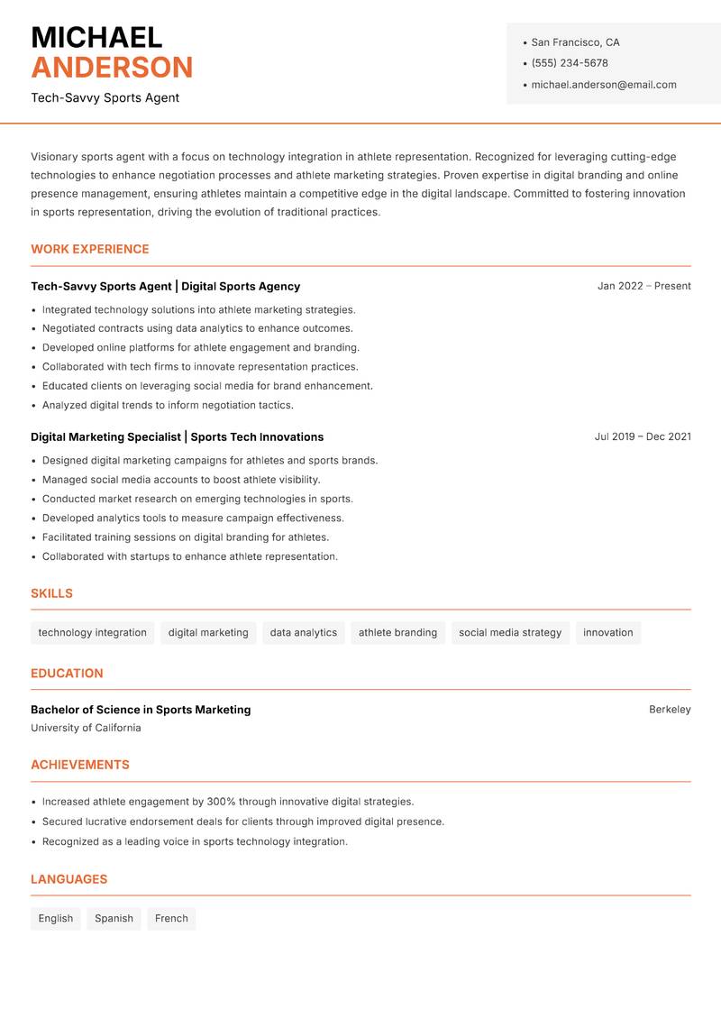 Professional Sports Agent Resume Template