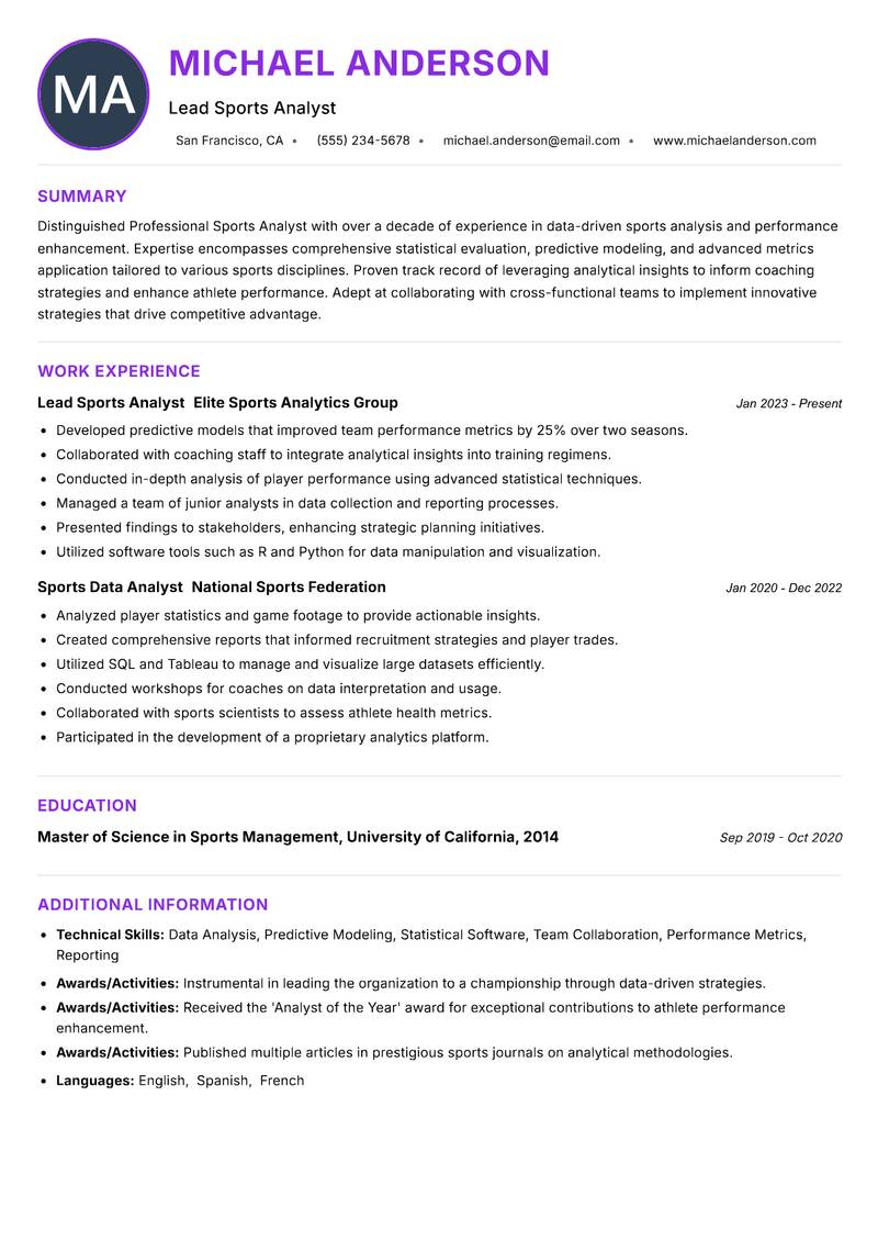 Professional Sports Analyst Resume Preview Example