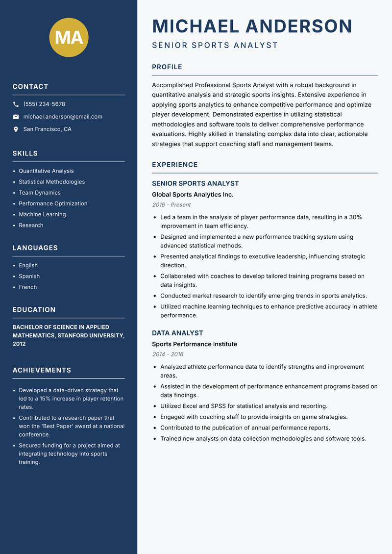 Professional Sports Analyst Resume Preview Example