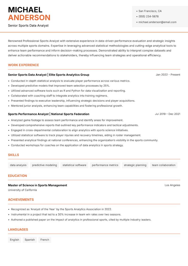 Professional Sports Analyst Resume Template