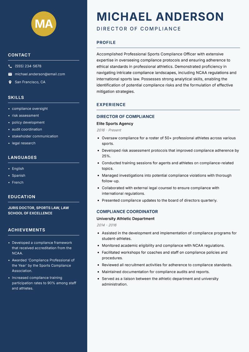 Professional Sports Compliance Officer Resume Preview Example