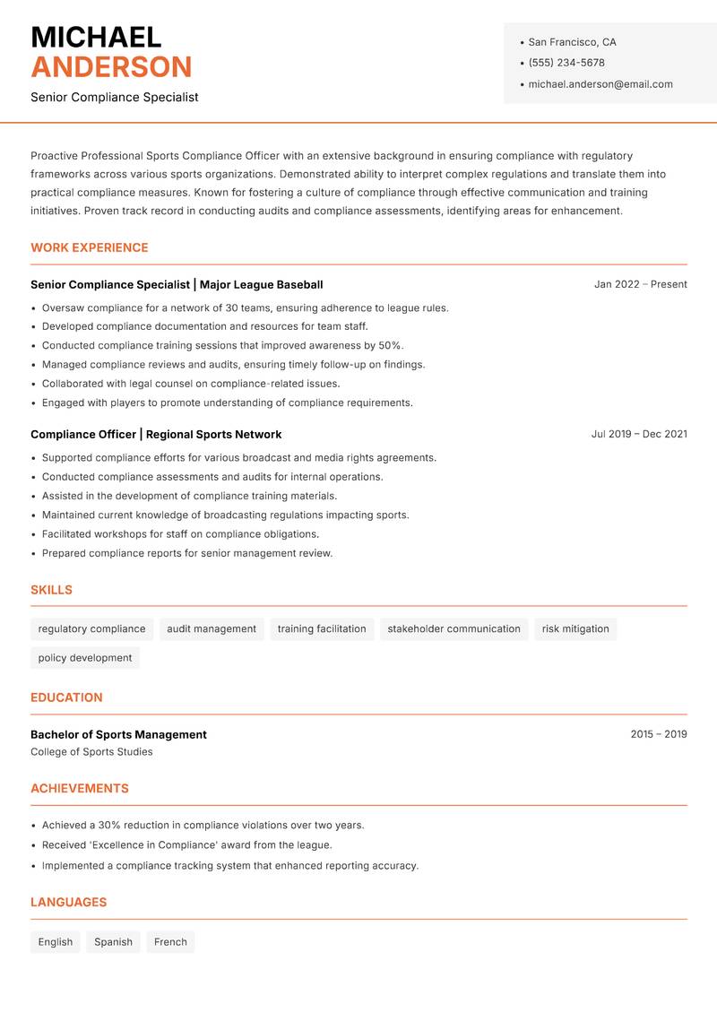 Professional Sports Compliance Officer Resume Template