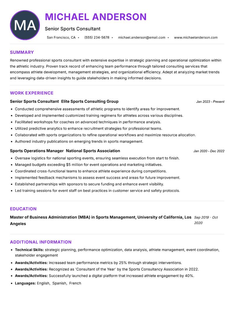 Professional Sports Consultant Resume Preview Example