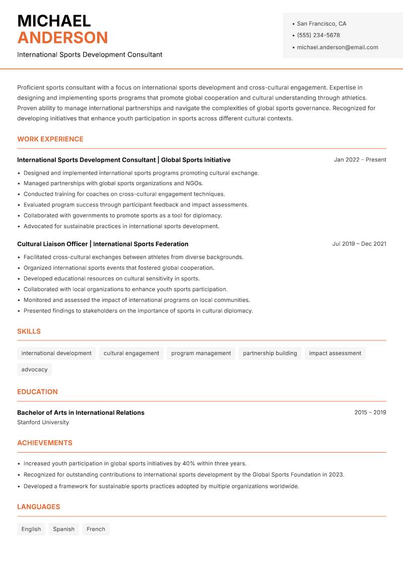 Professional Sports Consultant Resume Template