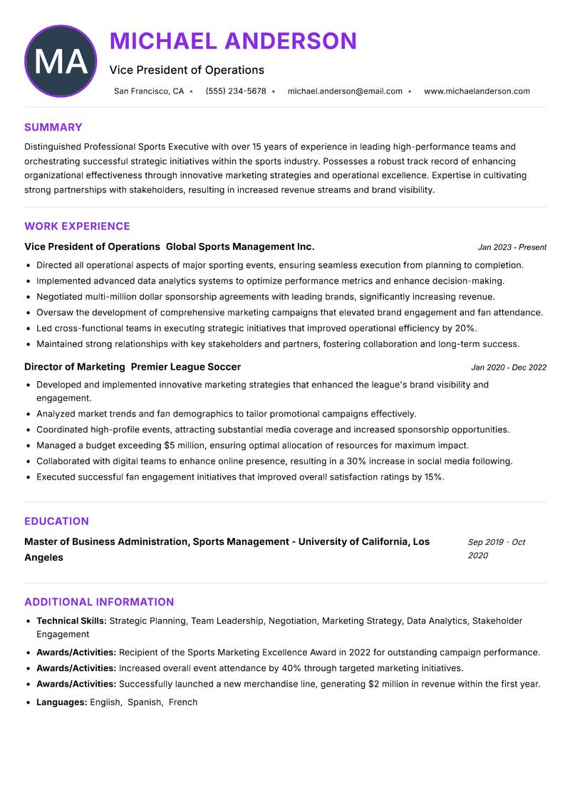 Professional Sports Executive Resume Preview Example