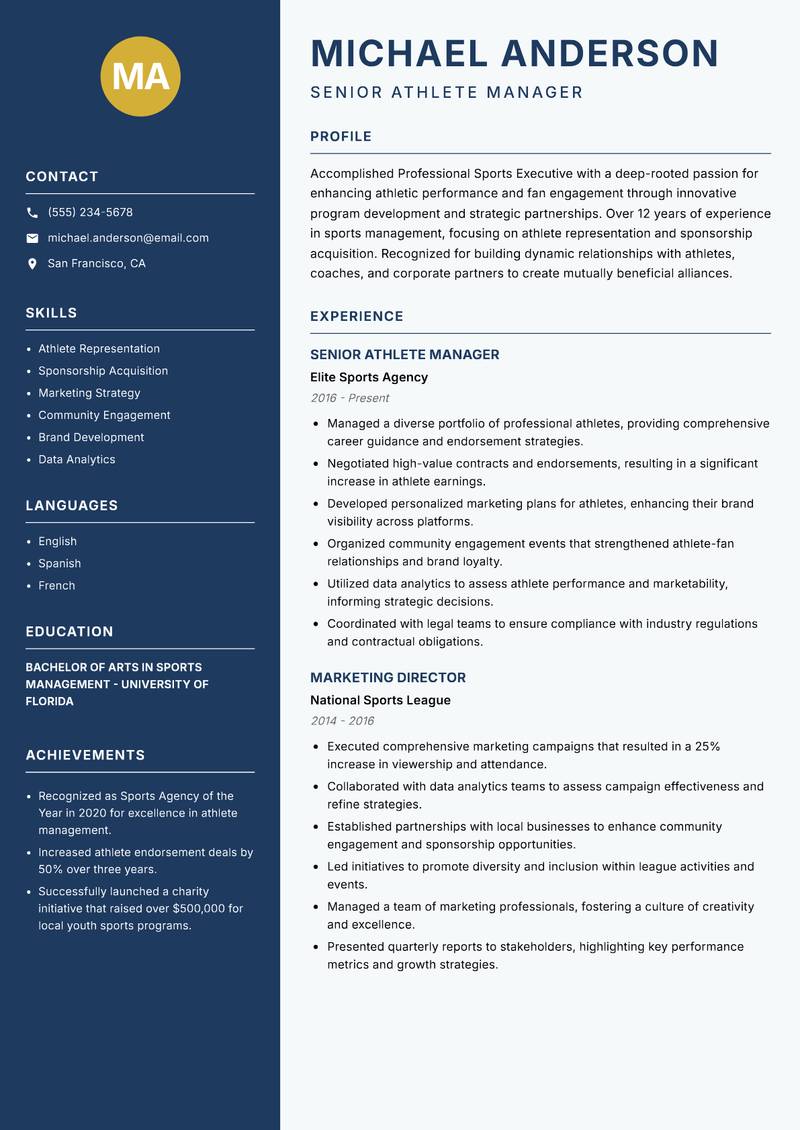 Professional Sports Executive Resume Preview Example