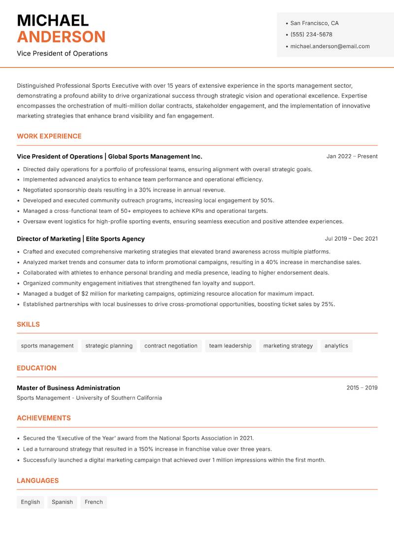 Professional Sports Executive Resume Template