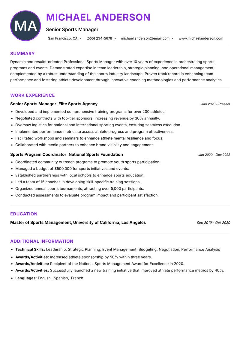 Professional Sports Manager Resume Preview Example