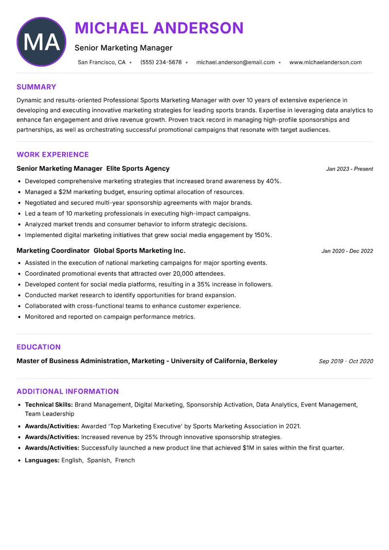 Professional Sports Marketing Manager Resume Preview Example