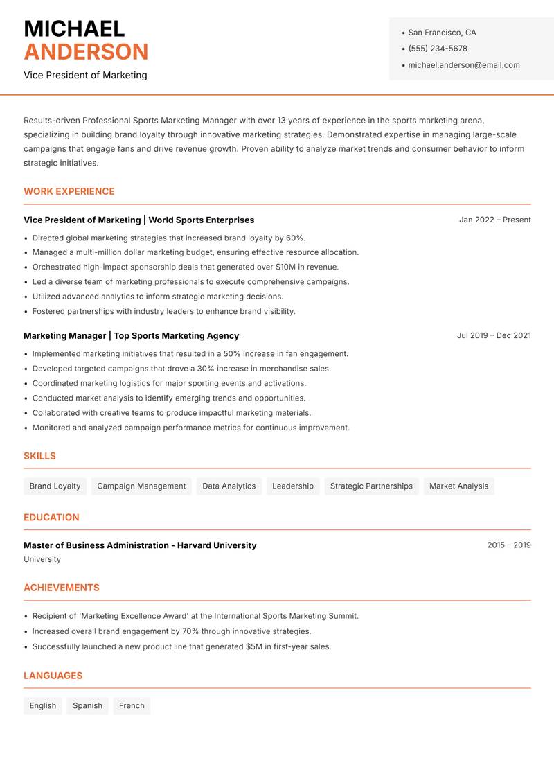 Professional Sports Marketing Manager Resume Template