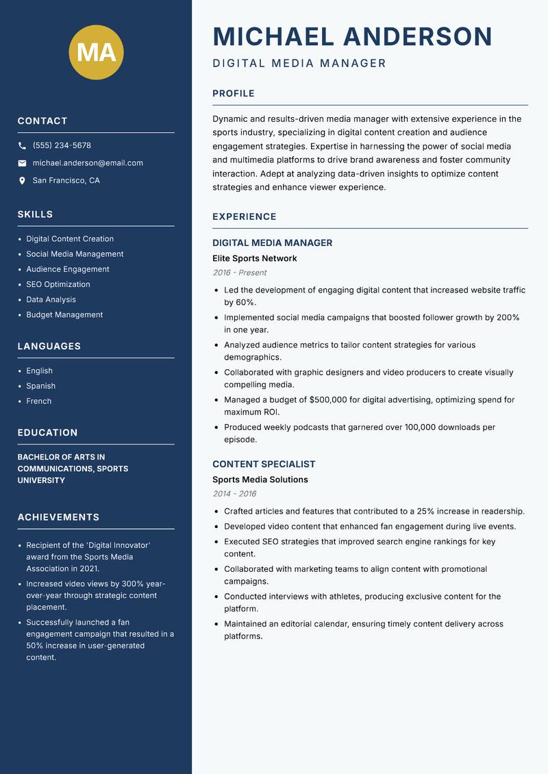 Professional Sports Media Manager Resume Preview Example