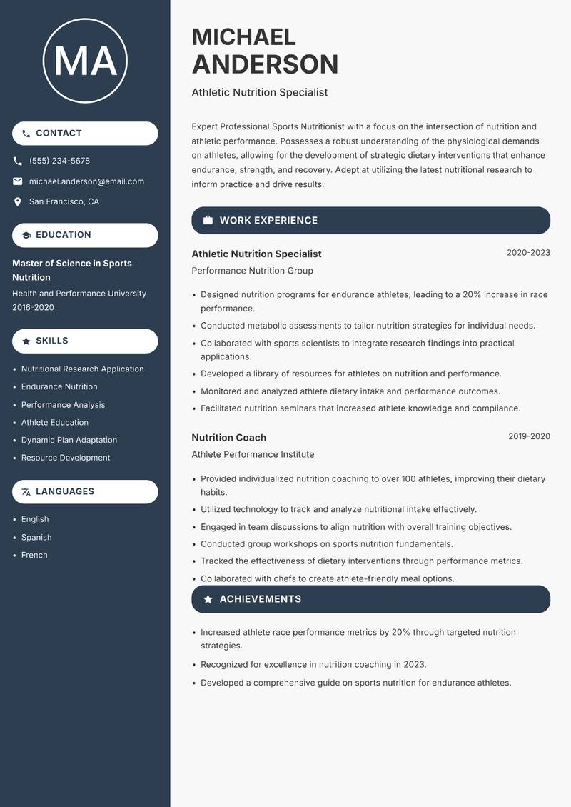 Professional Sports Nutritionist Resume Preview Example