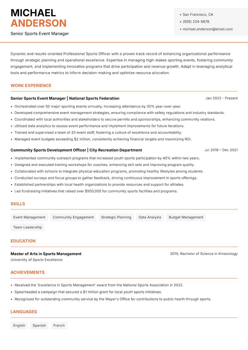Professional Sports Officer Resume Template