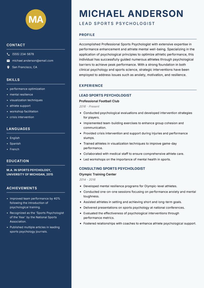 Professional Sports Psychologist Resume Preview Example