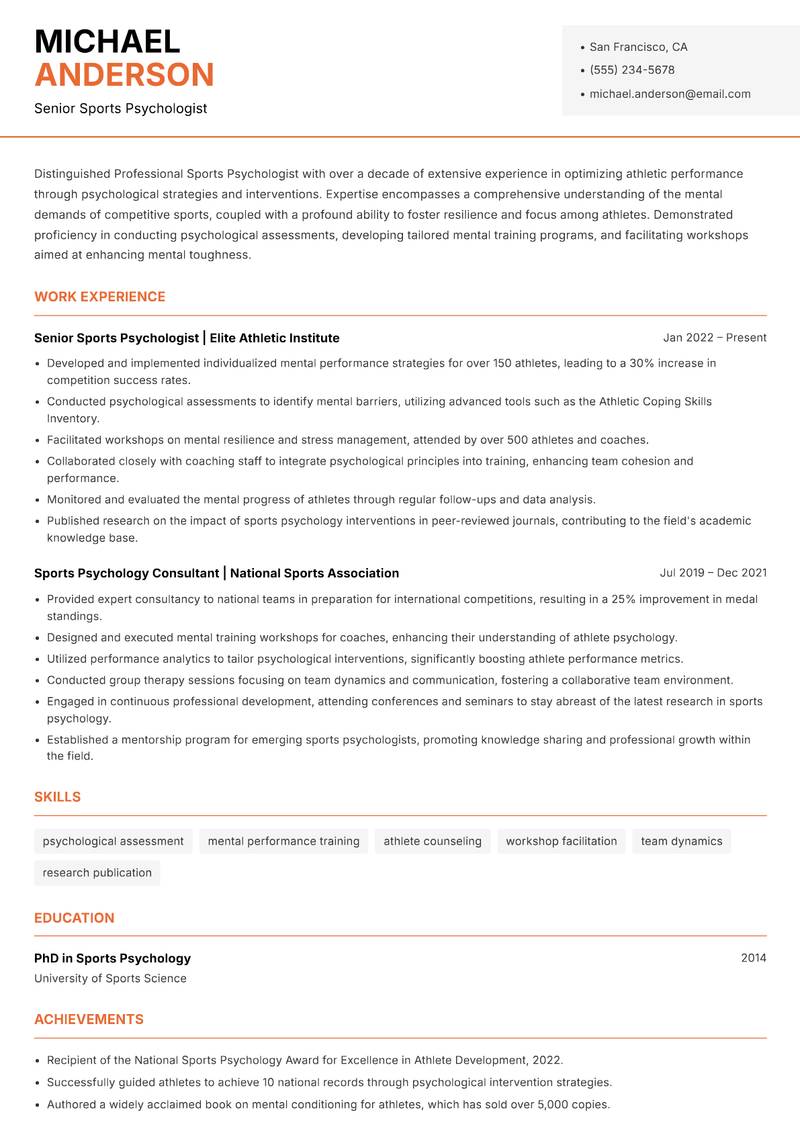 Professional Sports Psychologist Resume Template