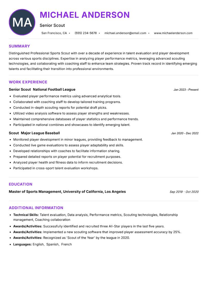 Professional Sports Scout Resume Preview Example