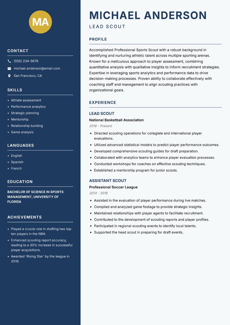 Professional Sports Scout Resume Preview Example