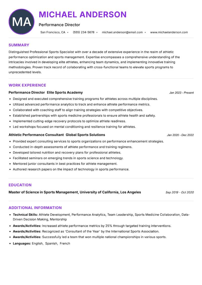 Professional Sports Specialist Resume Preview Example