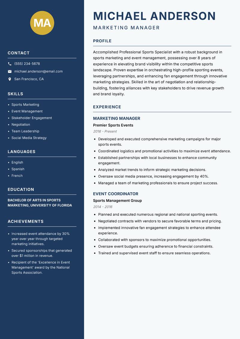Professional Sports Specialist Resume Preview Example