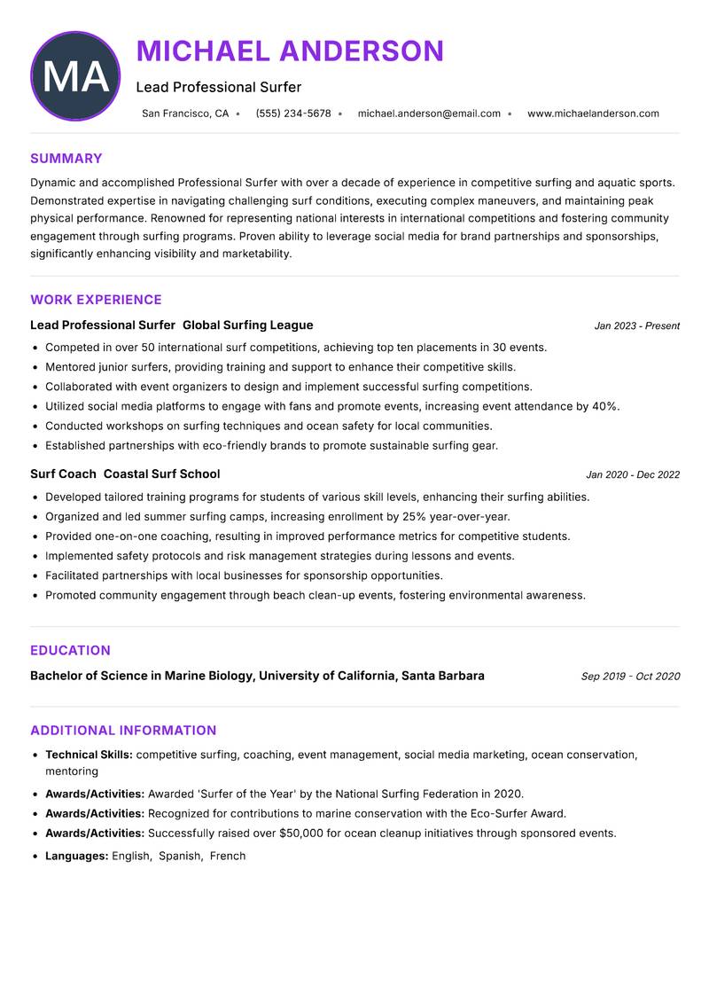 Professional Surfer Resume Preview Example