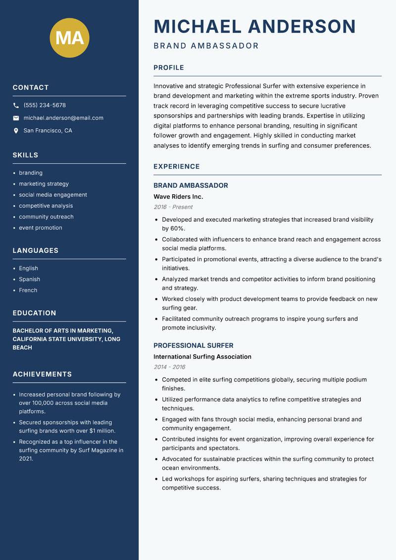Professional Surfer Resume Preview Example