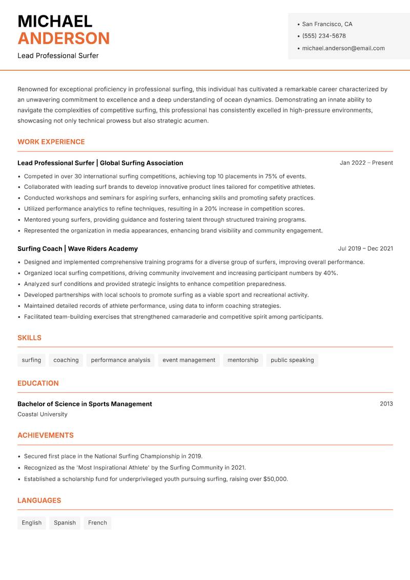 Professional Surfer Resume Template
