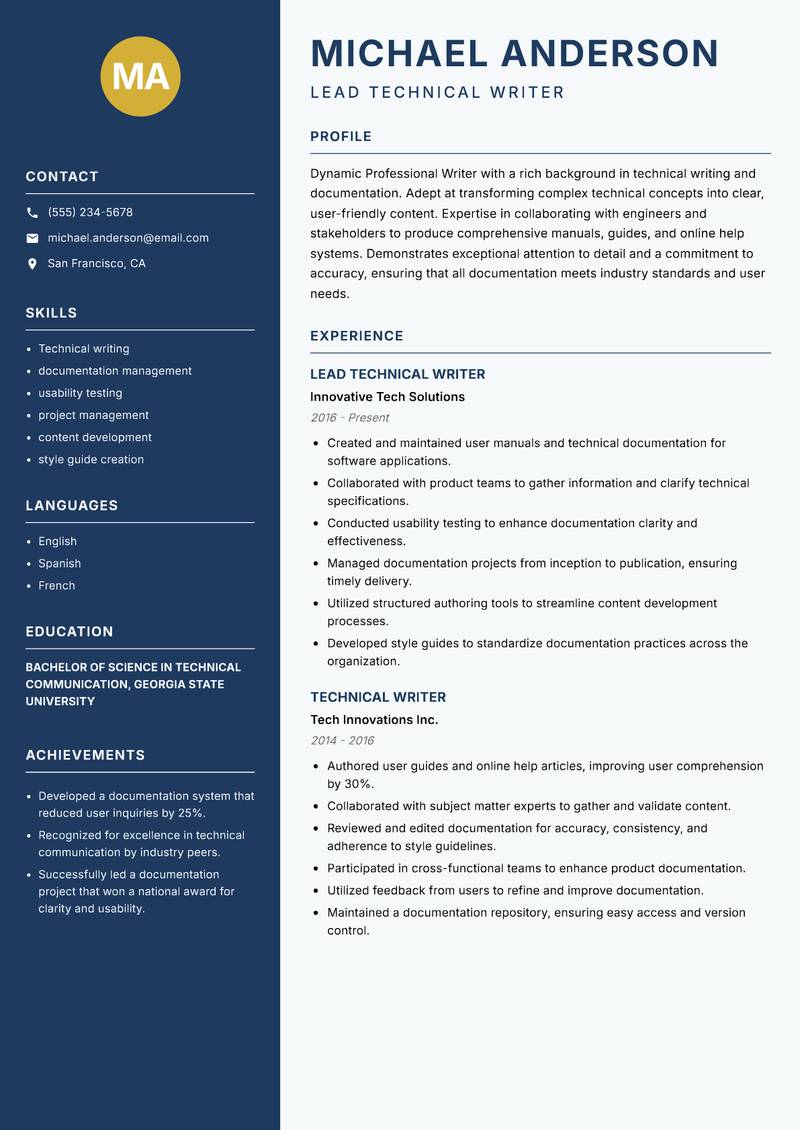 Professional Writer Resume Preview Example