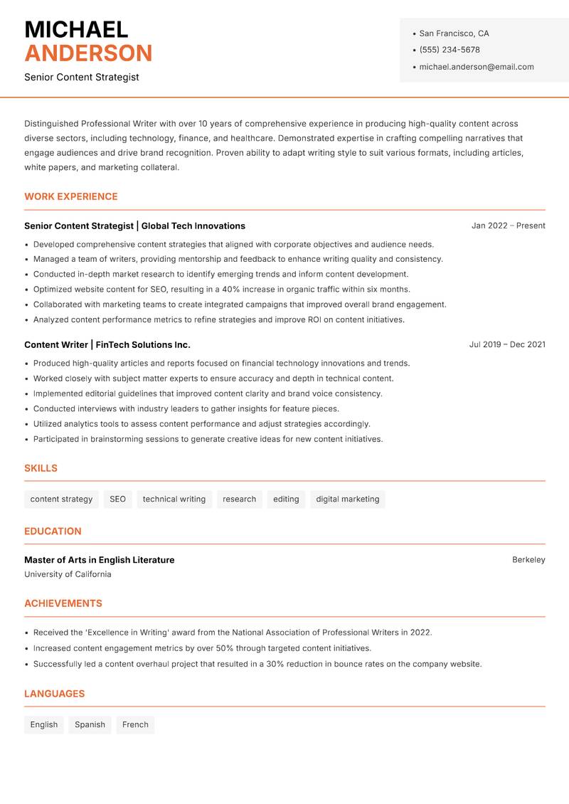 Professional Writer Resume Template