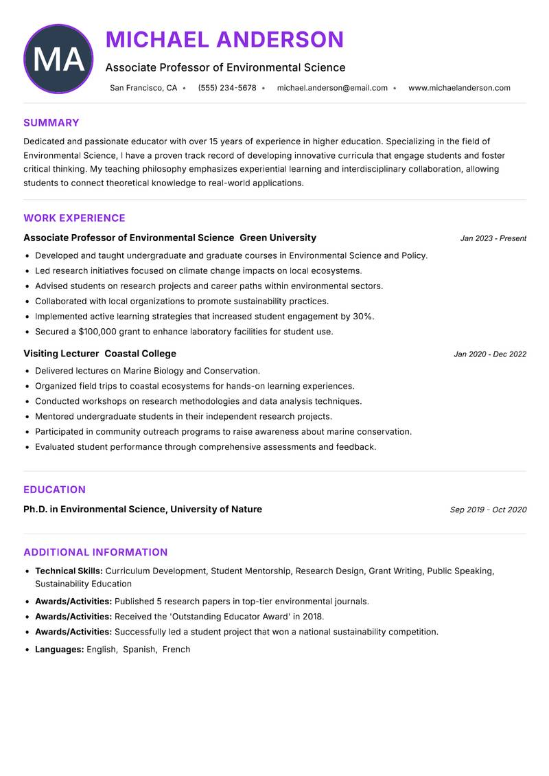 Professor Resume Preview Example