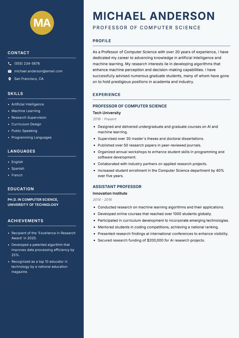 Professor Resume Preview Example