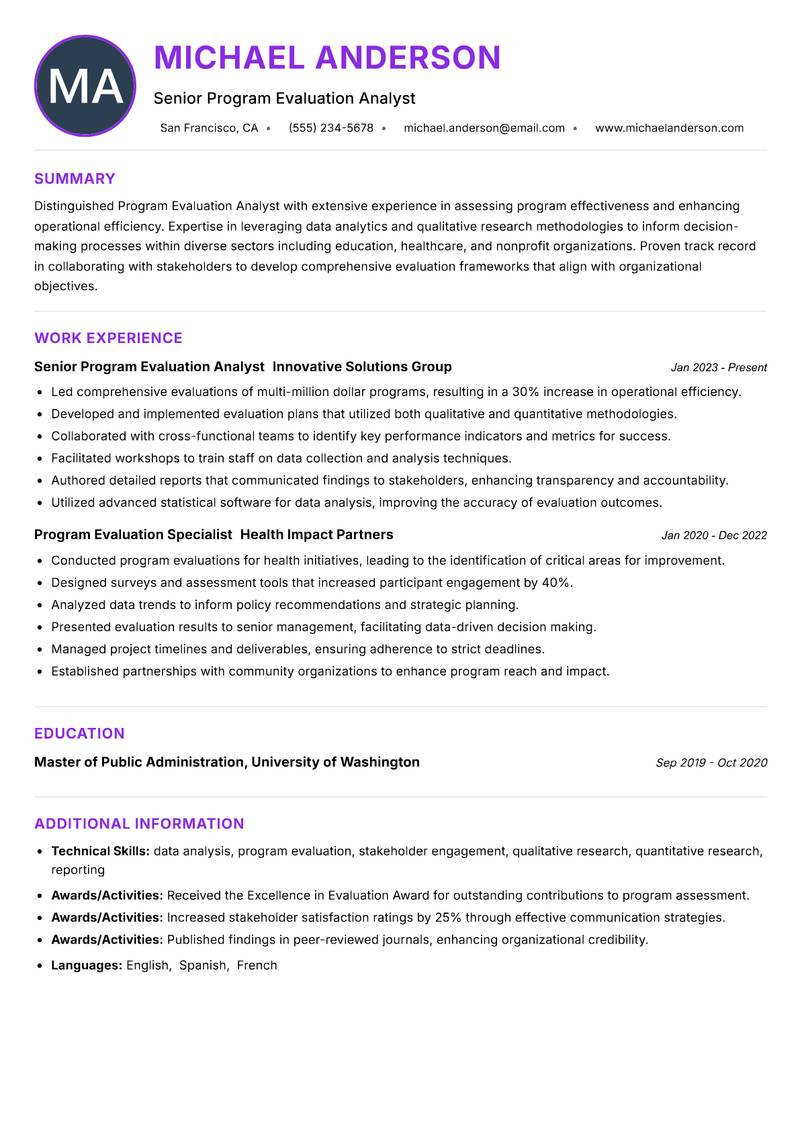 Program Evaluation Analyst Resume Preview Example
