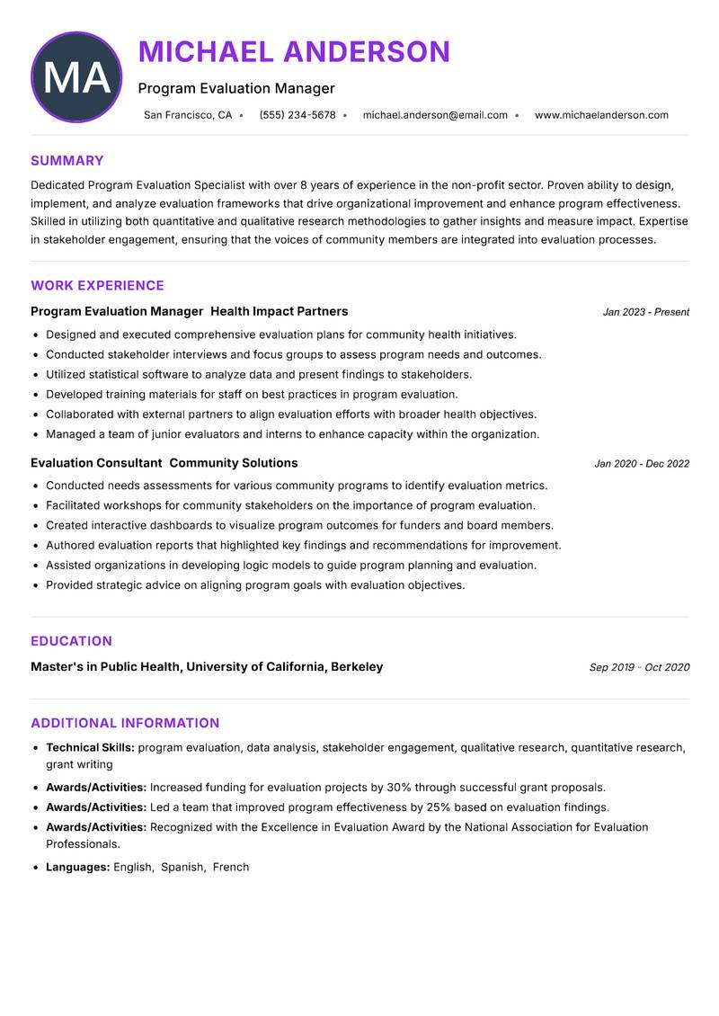 Program Evaluation Specialist Resume Preview Example