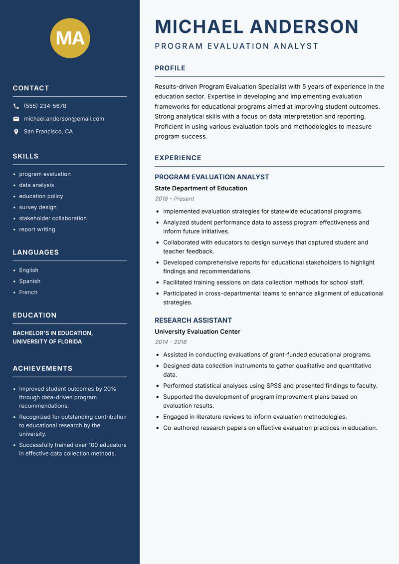 Program Evaluation Specialist Resume Preview Example