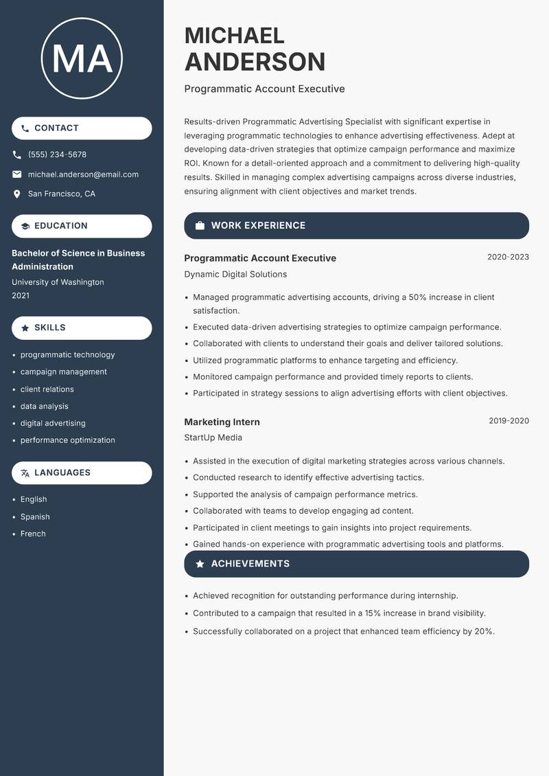 Programmatic Advertising Specialist Resume Preview Example