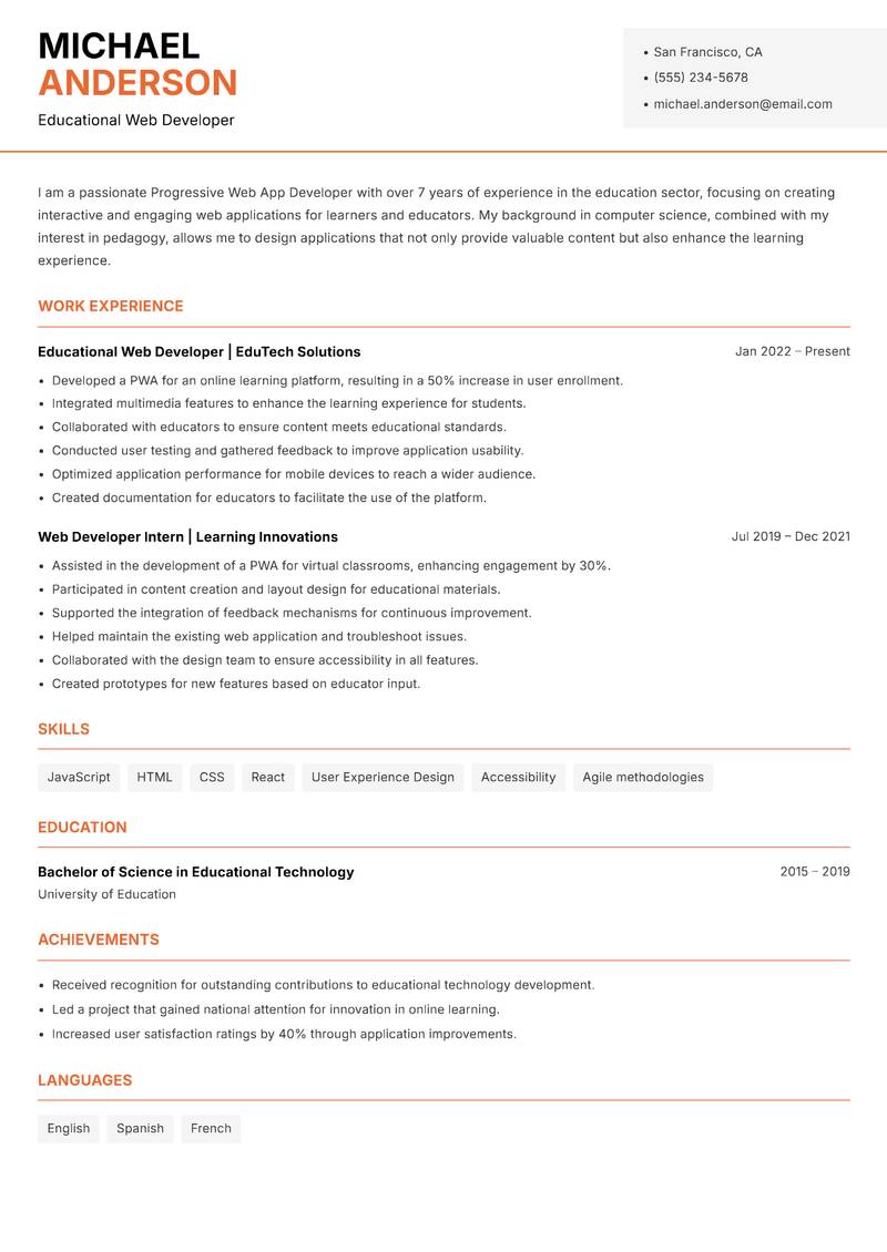 Progressive Web App Developer Resume Template
