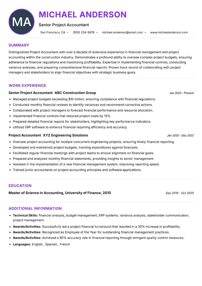 Project Accountant Resume Preview Example