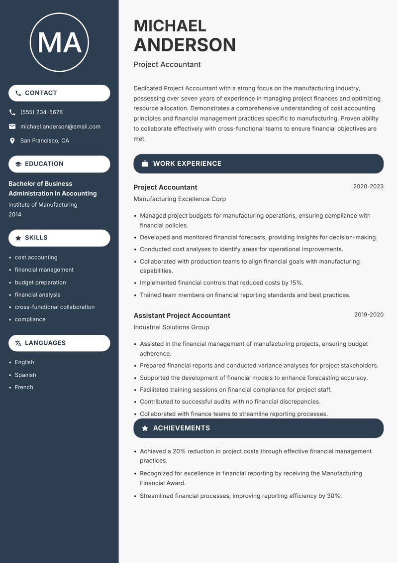 Project Accountant Resume Preview Example