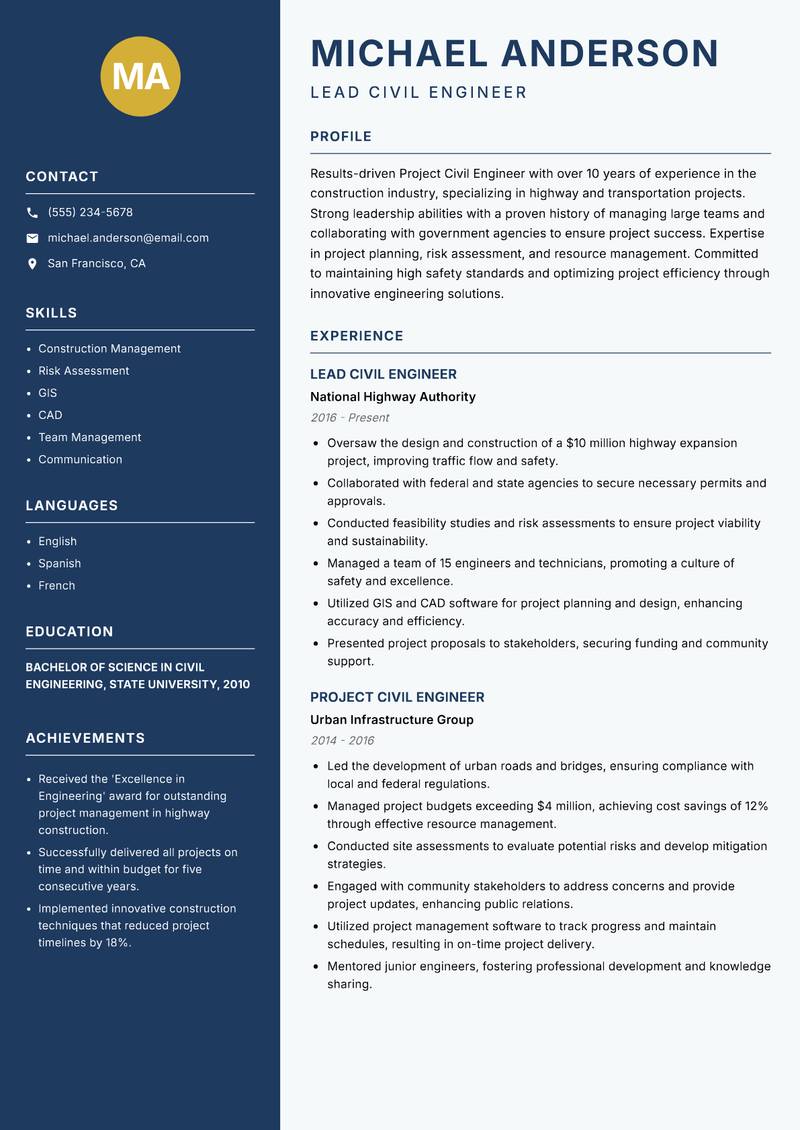 Project Civil Engineer Resume Preview Example