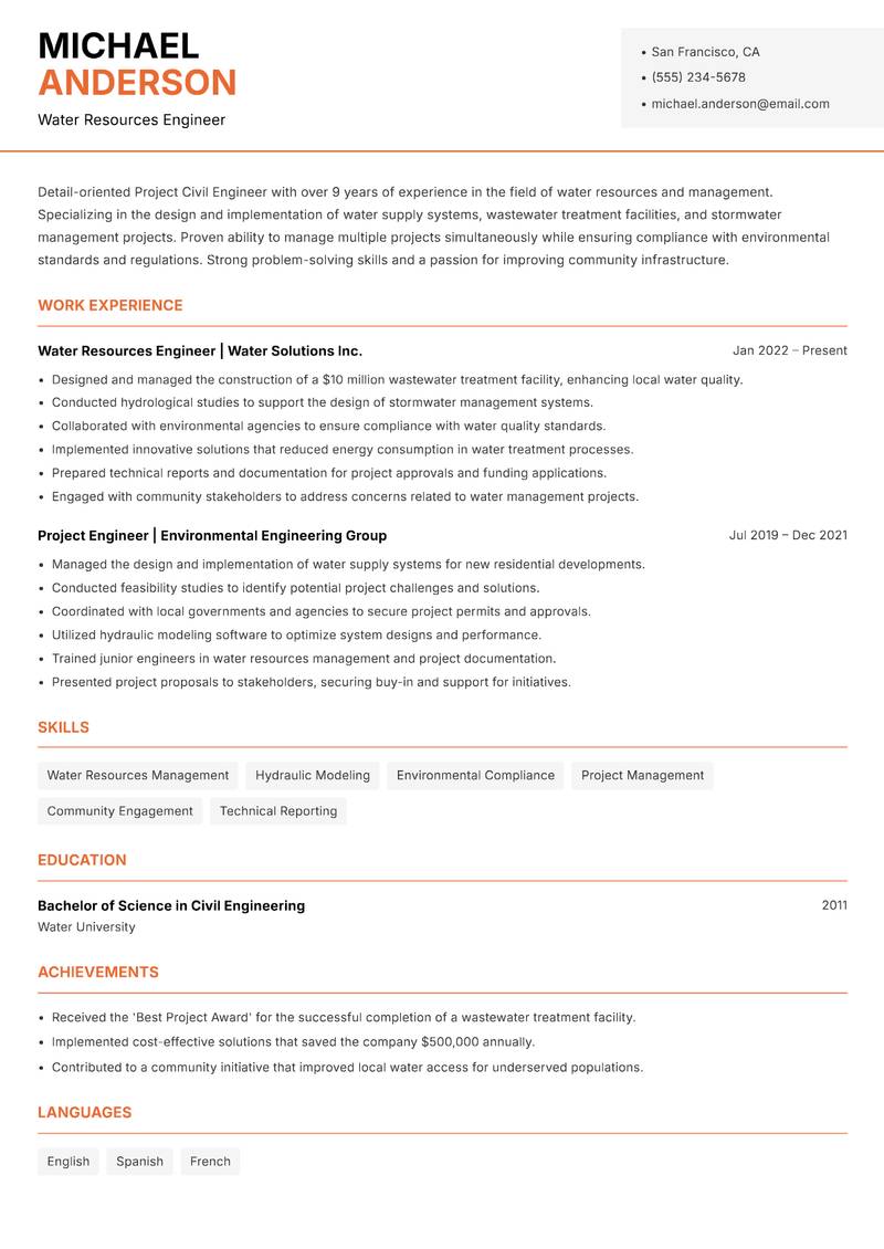 Project Civil Engineer Resume Template